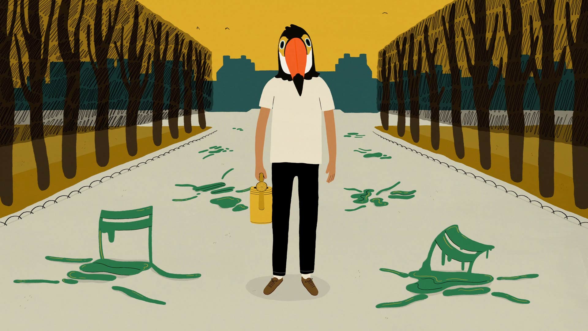 Ramo the toucan headed man in a Parisian park